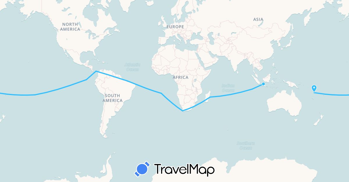 TravelMap itinerary: driving, boat in Brazil, Ecuador, Indonesia, Panama, French Polynesia, Saint Helena, Vanuatu, South Africa (Africa, Asia, North America, Oceania, South America)